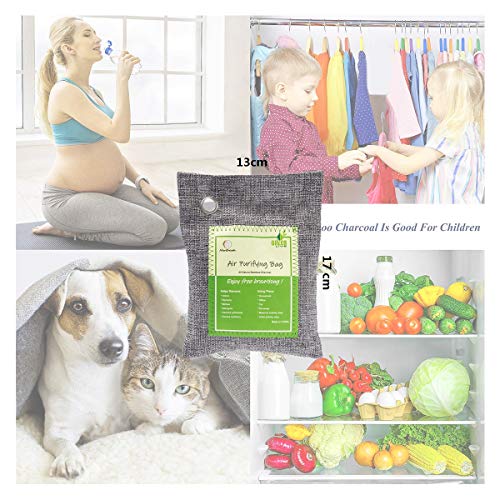 Air Purifying Bags Activated Bamboo Charcoal Natural Air Purifier Freshener Neutralizer Filter Odor Remove Eliminator Deodorizer Moisture Absorber for Home, Car, Closet, Bathroom, Basement, Litter Box, Shoe (5 Pack, 200g Each)