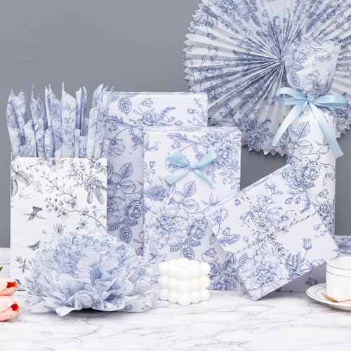 Larcenciel Tissue Paper Roll Vintage Floral, Blue and White Tissue Paper for Gift Bag Filler, Artistic Gift Packaging for Wedding, Birthday, Party, Craft, 10 M×43 CM