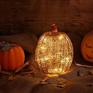 simpdecor Halloween Kürbis Licht LED Beleuchtete mit Timer Kürbisse Glas Herbst und Home Decor, Gold, 7,5 Zoll