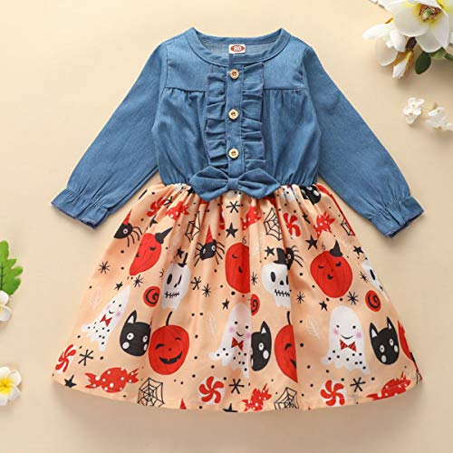 JBEELATE Baby Girls Halloween Denim Dress Long Sleeve Ruffle Button Dress Ghost Printed Tutu Skirt (Halloween Pumpkin, 2-3T)