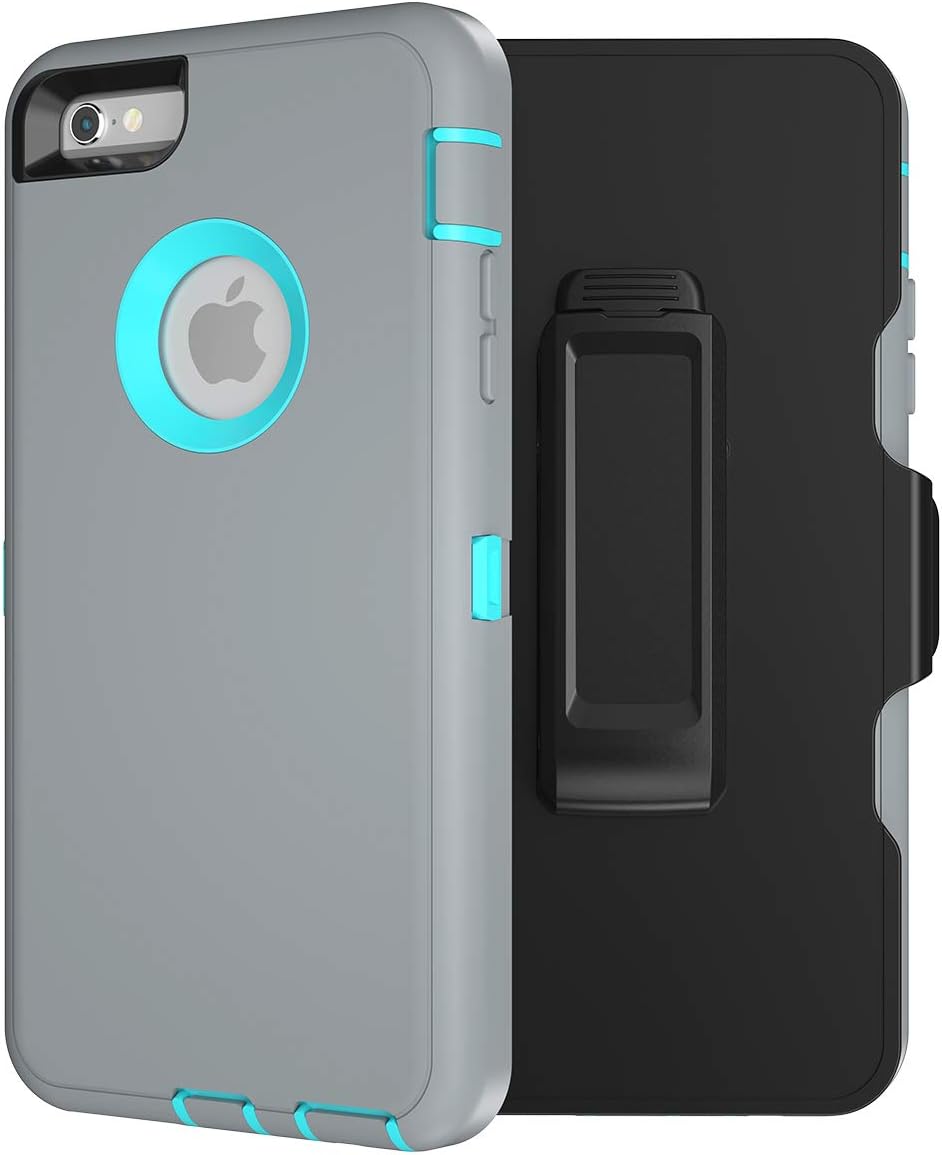 iPhone 6S Heavy Duty Defense Case, High-Grade TPU and PC Protection- Hybrid Bumper Cover with Screen Protector and 360 Degree Rotating Belt Clip for Apple iPhone 6 / 6S (4.7 inch) - (Gray/Aqua Green)