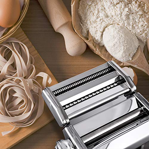 Stainless Steel Manual Pasta Maker | Pasta Machine With Adjustable Thickness Settings | Perfect for Professional Homemade Spaghetti and Fettuccini | Includes Removable Handle and Clamp