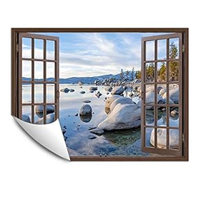 Wall Murals for Bedroom Fake Window Beach Brown Window Removable Wallpaper Peel and Stick Wall Stickers - 24x32 inches