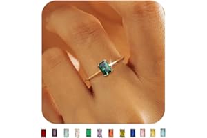 KAERUN Gold Birthstone Rings for Women Non Tarnish Dainty 14K Gold Plated Stackable Rings CZ Emerald Baguette Gemstone Rings for Mother Daughter Birthday Handmade Jewelry Gifts Size 6 7 8 9 10