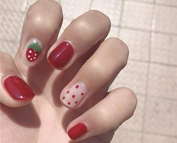 Amazon Com Cathercing 24 Pcs Design False Nails Smooth Medium Beauty Nails With Pattern Short Fake Gel Nails Tips Art Clip On Nail For Women Girls Gift Prom Party Halloween Strawberry Beauty