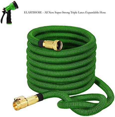 ElastiHose Expandable Garden Hose 50 Feet - NEW MODEL - All Brass Connectors with free 8 Pattern Spray Nozzle and carrying bag {IMPROVED TRIPLE LATEX SUPER STRONG DURABLE}