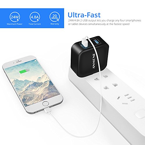 24W Dual USB Travel Wall Charger, ANMONE 2-Port fast charging Foldable Plug with Smart ID Technology mobile phone charger AC Adapter for iPhone X 6//8//7 Plus/, iPad Pro, Samsung S8 and more (Black)
