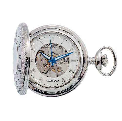 Gotham Men's Silver-Tone 17 Jewel Mechanical Covered Pocket Watch