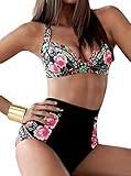 Yiyou Women Geometric Print High Waist Strappy 2 Pieces Bikini Swimsuit Swimwear (XL, Black)
