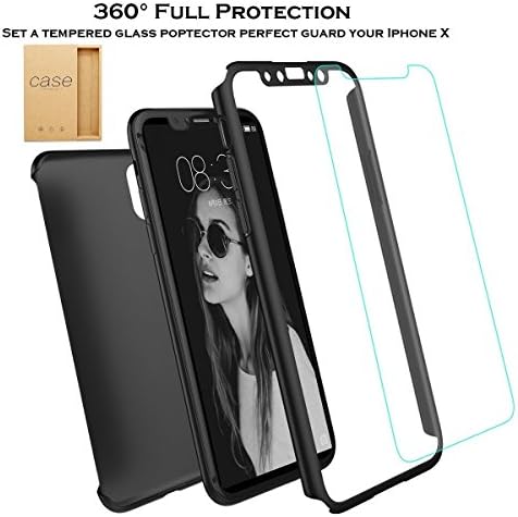 IPhone X Case 360° All-around Ultra Thin Full Body Coverage Protection Dual Layer Shell Hard Slim Case and Tempered Glass Screen Protector For iPhone X (Black)