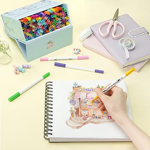 Ohuhu Rotuladores para libros de colorear para adultos, sin traspaso de tinta, 120 colores, a base de agua, doble punta (delineador fino y pincel) - Maui - Blanco