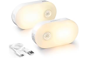 Lyridz Rechargeable Battery Night Light with Motion Sensor, Portable Mini Warm White LED Stick-on Closet Light, Adjustable Brightness for Bathroom, Bedroom, Kitchen, Cabinet, Stairs, Hallway, 2-Pack