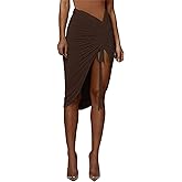 PRIMODA Women's Asymmetrical Bodycon Drawstring Ruched Midi Skirt with Thigh High Slit