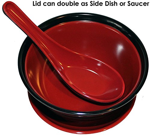 Japanese Rice / Soup Bowl Set with Lid, Spoon, and Pan Scraper, Melamine, Red and Black (4-Pack, 10 Ounce, 4.75 Inch)