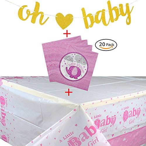 Gold Glittery Letters OH BABY With Heart Banner + Oh Baby Beverage Napkins + Oh Baby Tablecloth Table Cover for Boy and Girl Baby Shower (Pink)