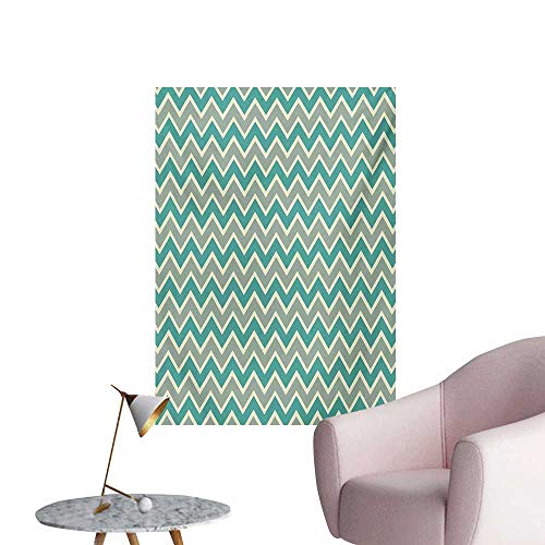 Chevron Photographic Wallpaper Zigzag Stripes Pattern Angular Design Retro Design InspirationsPale Sage Green Teal and Beige W32 xL36 The Office Poster