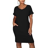 cailami Women's Summer V Neck Short Sleeve Midi Tshirt Dresses Casual Tunic Dress with Pockets