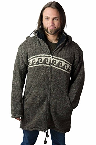 TCG Menâ€™s Winter Coat - Hand Knit Wool Outerwear Hoodie - Long, Natural Brown