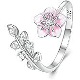 Pink Cherry Blossoms Open Adjustable Ring S925 Sterling Silver Hypoallergenic Imitation Crystal Wedding Rings Promise Love Engagement Statement Imitation Cubic Zirconia Flower Jewelry for Women Bff