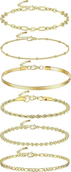 MILACOLATO 6Pcs Bracelet Sets for Women Girls Boho Layered Gold Beaded Bracelet Party Fashion Exquisite Stainless Steel Twist Chain Figaro Bangle Chain Jewelry Adjustable for Women and Girls