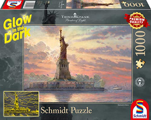Schmidt Spiele 59498 Thomas Kinkade, Freiheitsstatue in der Abenddämmerung, Glow in The Dark, 1000 Teile Puzzle, Bunt