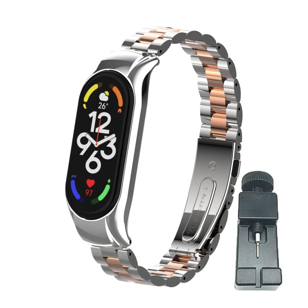 T-BLUER Compatible for Xiaomi Mi Band 7 Strap,Stainless Steel Metal Replacement Band Bracelet Wristband Accessories for Xiaomi Mi Band 7 Smart Bracelet