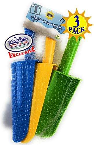 Matty's Toy Stop 9" Kids Short Handle Sand Scoop Plastic Shovels for Sand & Beach (Yellow, Blue & Green) Gift Set Bundle - 3 Pack