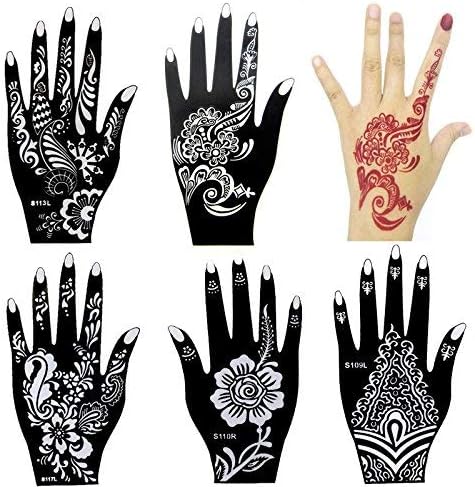 Xmasir 6 Pieces Hand Shape Indian Design Henna Tattoo Stencil for Women Girl Hand Art Painting Temporary Tattoo Sticker Glitter Templates 20 X 10.5cm (hand6-black)