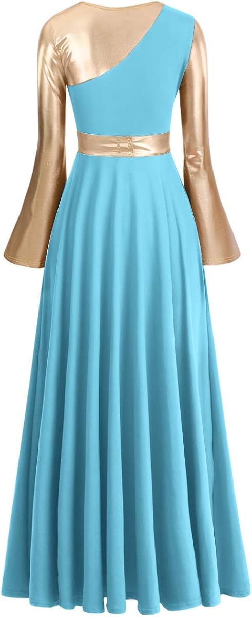 Women Metallic Bi Color Liturgical Praise Dance Dress Bell Long Sleeve Lyrical Dancewear Church Robe Worship Costume: Clothing