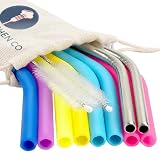 Reusable Silicone Drinking Straws - 12 Pieces Drinking Straws & Metal Stainless Steel Straws Bundle - 30oz and 20oz tumblers compatible Extra Long for Yeti/Rtic/Ozark by PINE KITCHEN CO