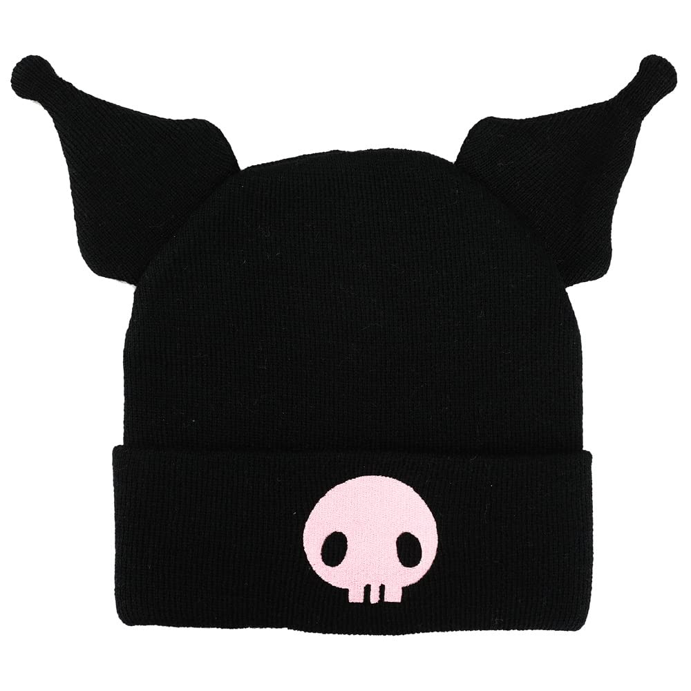 Photo 1 of Kuromi Cuffed Knitted Embroidered Logo with 3D Plush Ears Beanie Hat