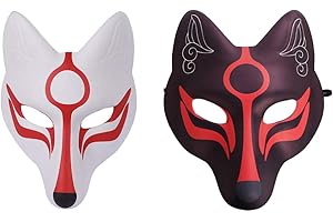 VALICLUD 2pcs FoxMask Japanese Kabuki KitsuneMasks Half Face CatMasks Anime Animal Cosplay for Men Women Children Masquerade Ball Costume Prop Black White