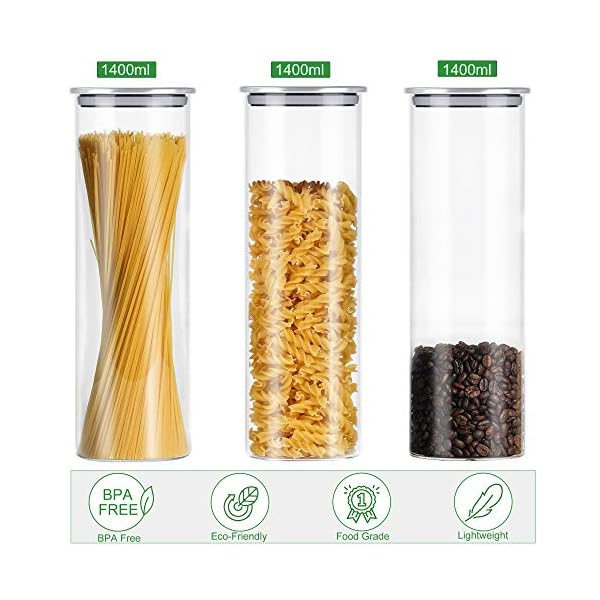 Glass-Jars-Embedo-Glass-Storage-Jars-1400-ml-Airtight-Food-Jars-Set-of-3-Food-Canisters-Kitchen-Canisters-for-Spaghetti-Flour-Coffee-Sugar-Pasta-Glass-Food-Storage-Containers-Set Glass Jars, Embedo Glass Storage Jars 1400 ml Airtight Food Jars Set of 3 Food Canisters Kitchen Canisters for Spaghetti, Flour, Coffee, Sugar, Pasta, Glass Food Storage Containers Set…