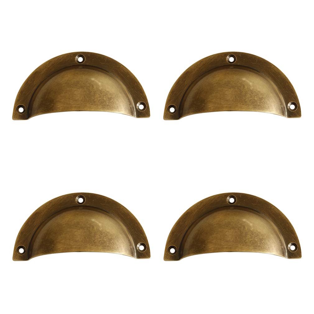 Tiazza 4Pcs Antique Brass Cup Shell Drawer Pulls Bedside Cupboard Wardrobe Vintage Handle