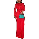 Kwunbwa Women’s Elegant Long Sleeve Mesh Maxi Dress Sexy Knot Ruched Bodycon Evening Club Party Cocktail Long Dresses