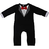 Baby Boy Gentleman Tuxedo Footie Christmas Holiday Outfit with Bow Tie Long Sleeve Newborn Gentleman Romper Jumpsuit with Bow Tie Black