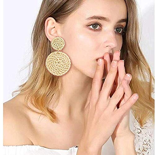 Rattan Earrings for Women Handmade Straw Wicker Braid Drop Dangle Earrings Lightweight Geometric Statement Earrings (Rattan Set A-8 Pairs) - Thumbnail 5