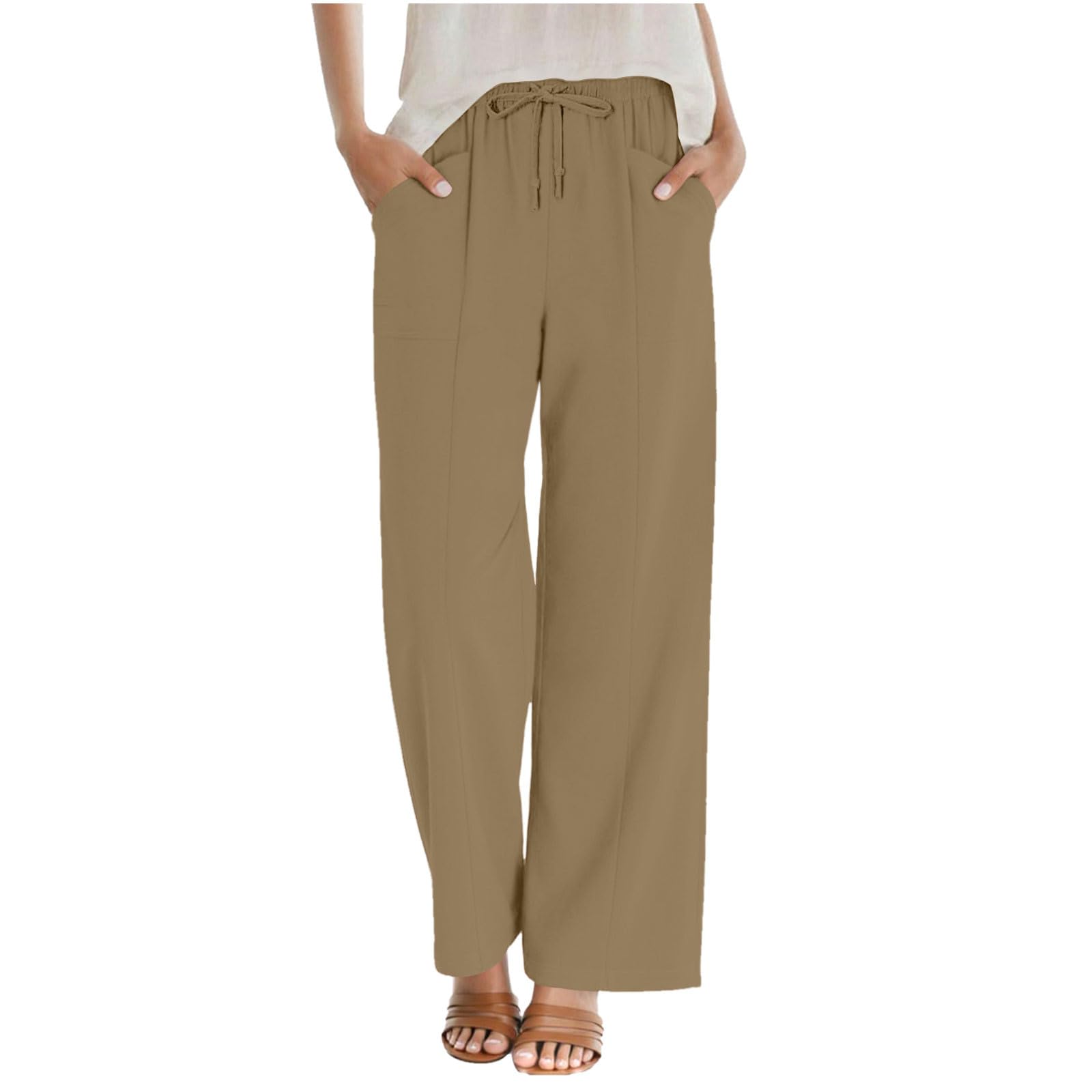 Linen Pants Women Drawstring Straight Leg Flowy Pants Baggy High Waist Lounge Trousers Cotton Summer Beach Trousers