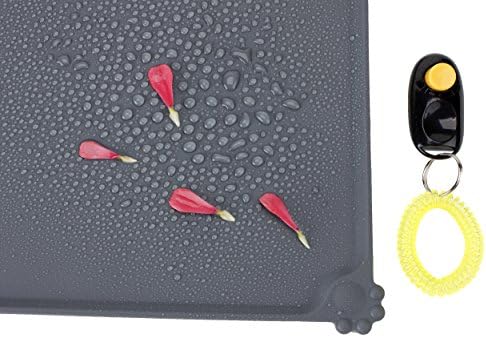Silicone Dog Food Tray Cat Feeding Mats Puppy Bowl Mate Waterproof Food Mat Feeding Placemat FDA Grade Material for Dogs Cats Birds Rabbits with Training Clicker 18.5”X11.5” by KingBadger (Grey)