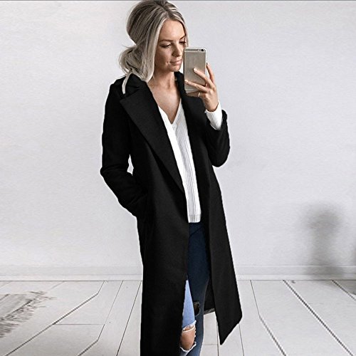 Auwer Womens Long Coat Warm Wool Lapel Trench Parka Jacket Cardigan Long Slim Overcoat Outwear (S, Black)