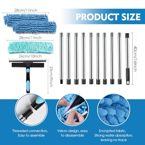 Telescopic Glass Cleaner, 10 Sticks, 0.13-4 m, 180° Rotating Head, Replacement Cloth, Chenille and Brush, for Roofing Terraces, Greenhouses, Skylights, Large Glazed Surfaces | For high windows, shower, car, mirror, microfibre covers, professional quality