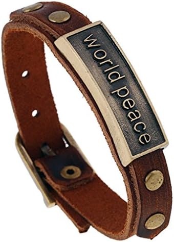 Men Bracelet, PopJ Charm Leather Cuff Belt Buckle Wrap Strap Bracelet Brown (World Peace)