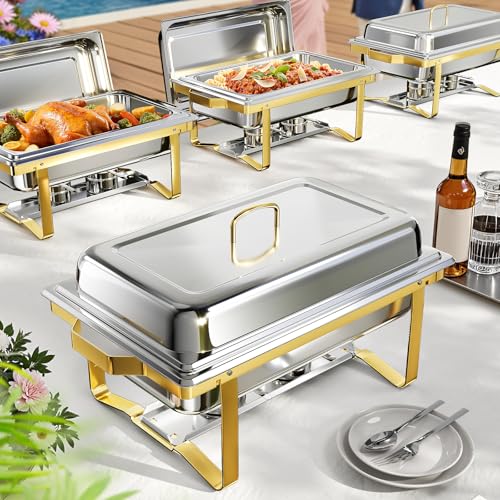 Chafing Dishes for Buffet 4 Pack, 9QT Chafing Dish High Grade Stainless Steel Chafer Complete Set,Steel Handle, Catering Events Complete Buffet Warmer Set (Golden, 4)