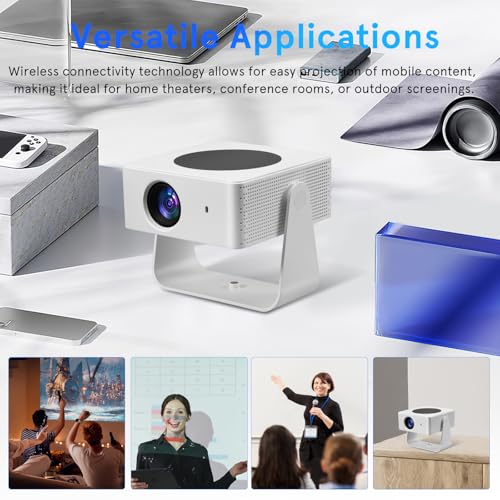 Proyector Portátil Inteligente WiFi Bluetooth, 4K Soportado Nativo 1080P con Android 11, Soporte Giratorio, Compatible con Teléfonos Móviles, para Cine en Casa y Camping al Aire Libre