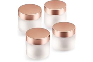 USRommaner 4 Pack 2 oz Frosted Glass Cream Jar,Empty Round Sample Jar Pot with Screw Lids&Inner Liner,Travel Storage Jar Container for Lotion, Eyeshadow,Moisturiser,gel-Rose Gold Lids