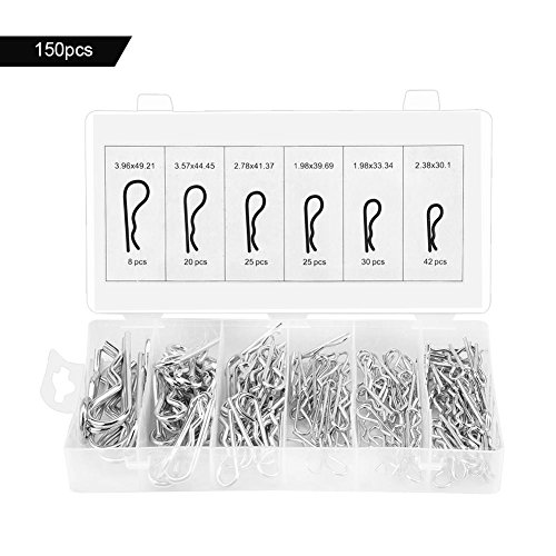 150pcs Stainless Steel R Cotter Pin Assortment Hitch Pin Clips Fastener Set 6 Different Sizes with Clear Re-sealable Storage Case for Tow Tractor Light Truck Lawn Mower