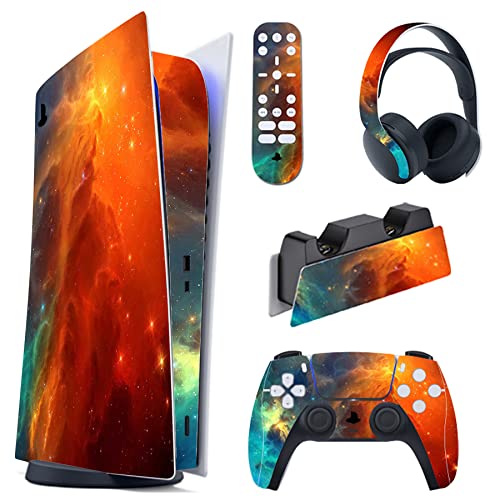 PlayVital Orange Star Universe Full Set Skin Decal for ps5 Console Digital Edition, Sticker Vinyl Decal Cover for ps5 Controller & Charging Station & Headset & Media Remote