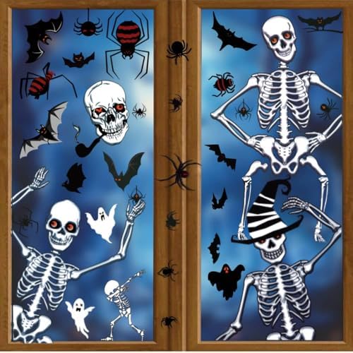 Halloween Window Stickers | Halloween Window Decorations Clings Decals Doublesided Reuseable Skeleton Bats Spider Ghost |