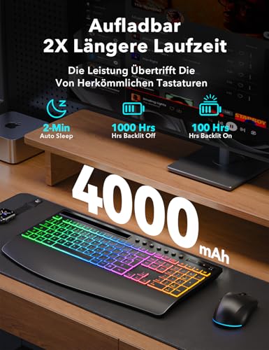Keyboard Mouse Set Wireless Illuminated Rechargeable Keyboard with 4000 mAh Battery, Phone Holder, Quiet Full Size Typing, 3 DPI Mouse, 2.4GHz USB-A/USB-C for Chrome OS/Window/PC KM22 Ultra