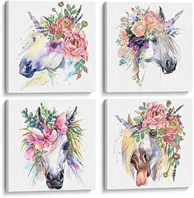 Something Unicorn Stretched Framed Ready To Hang Canvas Wall Art For Girl S Bedroom Super Cute Water Color Unicorn Prints For Teens Or Girls Bedroom Decor Set Of 4 12x12in Floral Unicorn